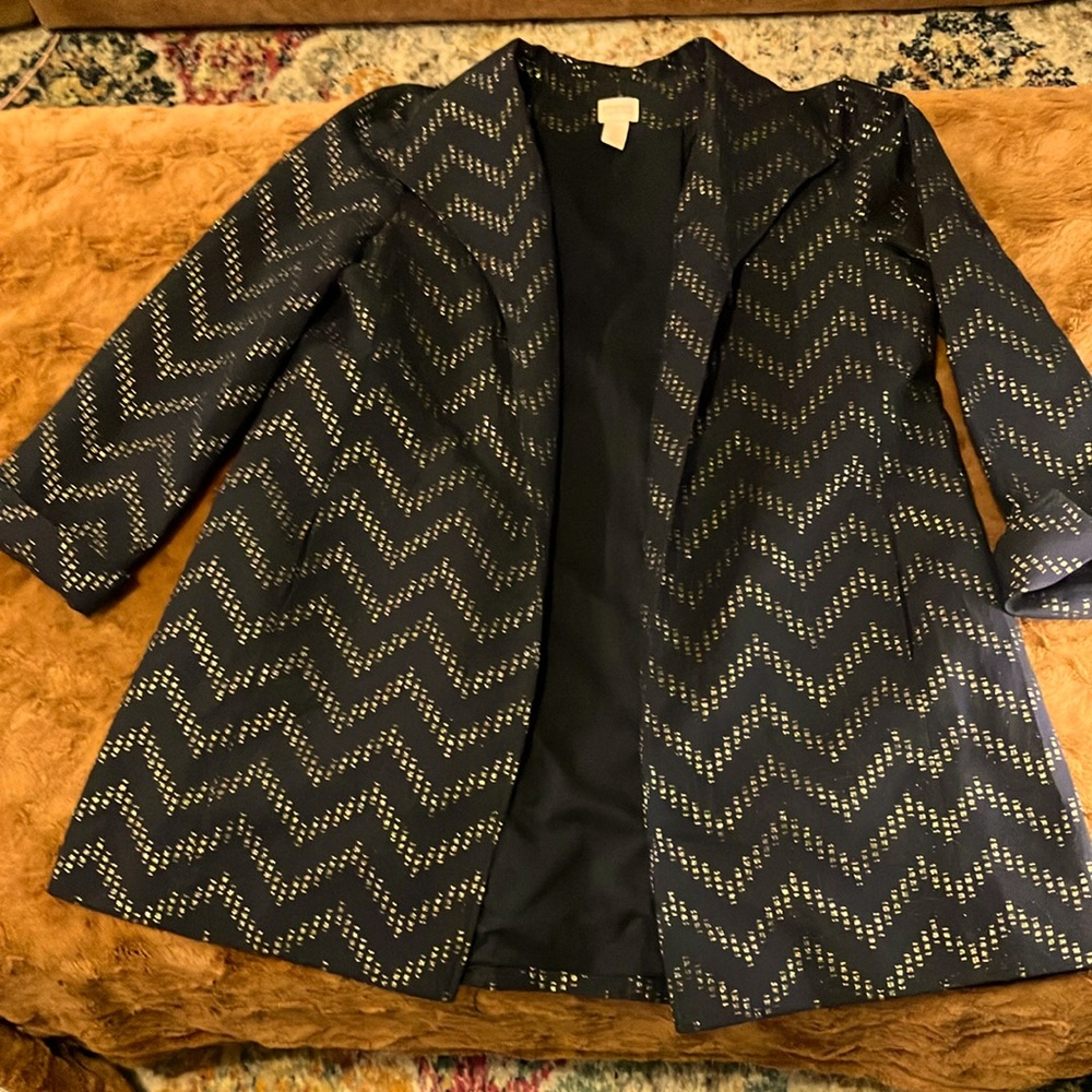 Chico’s Navy Chevron Open Front Jacket